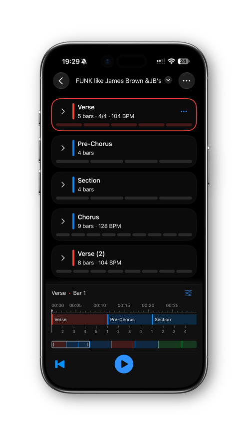 PolyNome song arrangement with section markers and a click track