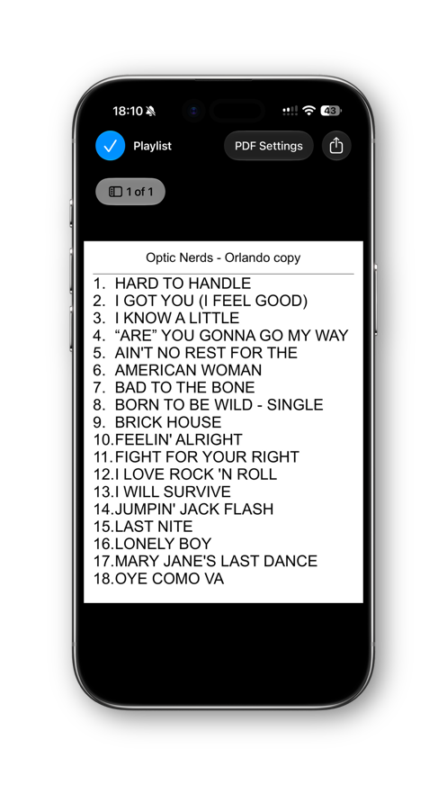 A printable setlist PDF created in PolyNome