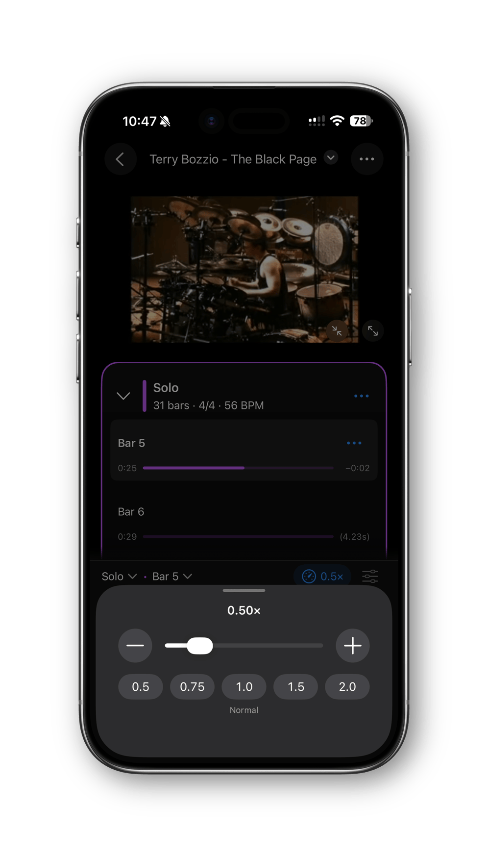 PolyNome Media Track with a loop selected for focused song practice